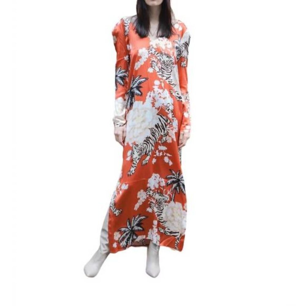 Las Sureñas - Long Romantic Tiger Dress in Brick